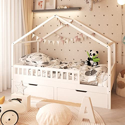 FUSIDE Solid Pine White Childrens Single Bed Frame,Kids Floor Bed Frame with Storage,Ottoman Bed,House Bed
