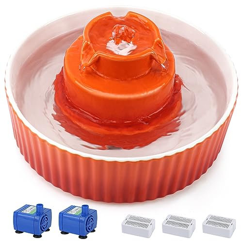Lawfery Fuente de agua de cerámica para gatos, 2.1 L/70 onzas, fuente para gatos con 3 filtros de carbono y 2 bombas de agua, fuente de agua para mascotas para gatos y perros (naranja)