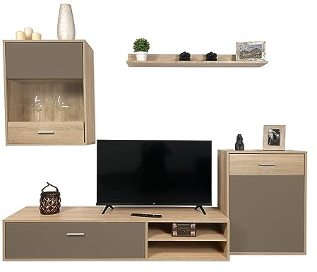 Homey - Mueble de Salón Moderno, Módulos de Comedor, Modelo Heländ, Acabado en Cambria y Chocolate, Medidas: 220 cm (Ancho) x 100 cm (Alto) 40,5cm (Fondo)