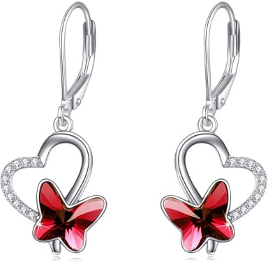 AOBOCO Schmetterling Ohrringe Damen 925 Sterling Silber Leverback Herz Rot Ohrringe Baumeln Tropfen mit Kristall aus Österreich Geburtstags Schmuck Geschenke für Frauen Mädchen Frau Tochter Freundin