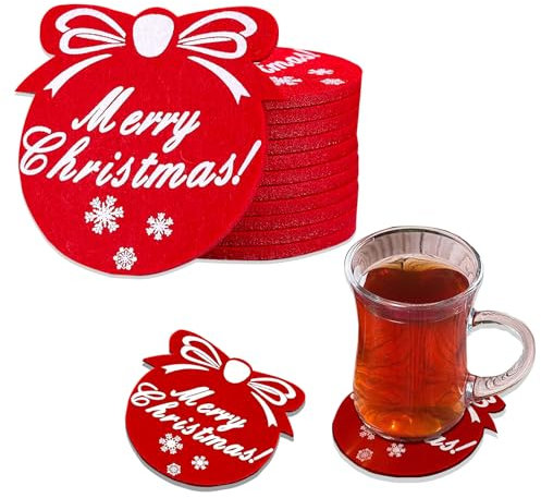 KOBOKO 12er Weihnachten Filzuntersetzer,untersetzer Filz in Rot, Schnceeflocken-Untersetzer,für Getränke, Bar, Tassen, Glas - Tischuntersetzer für Tisch und Deko - Weihnachten (Rot)
