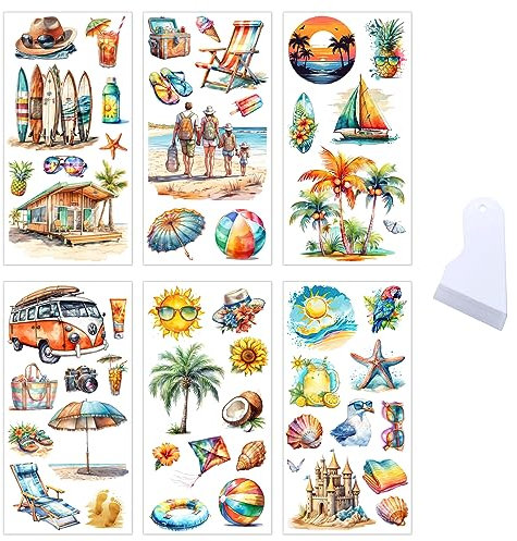 6 Blatt Rub On Transfer Aufkleber Sommer Urlaub Aufkleber Strand Ozean Tropisch Reise Ästhetische Transfer Sticker Deko für Möbel Glas Holz Fenster Skateboard Auto Wasserflasche Scrapbook Karte