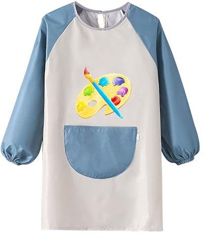 paitok Children's Art Apron Is a Waterproof Apron With Long Sleeves and Perfect for Painting,Cooking, and Messy Activities.Suitable 6-12 Years Girls/Boys Kids Apron(Gray Body and Blue Sleeves)