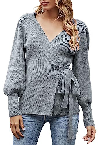 Pullover Damen Winter Damen-Wickelpullover mit V-Ausschnitt, Ballonärmel, Gerippter Strickpullover, Oberteil zum Binden vorne, für Herbst und Winter M 40 (B, M)