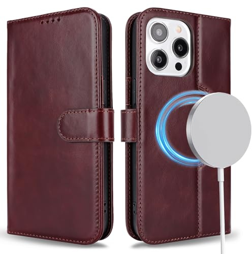 ELTEKER Handyhülle für iPhone 15 Pro Hülle [Echtes Leder] Klapphülle Schutzhülle Flip Case - Braun