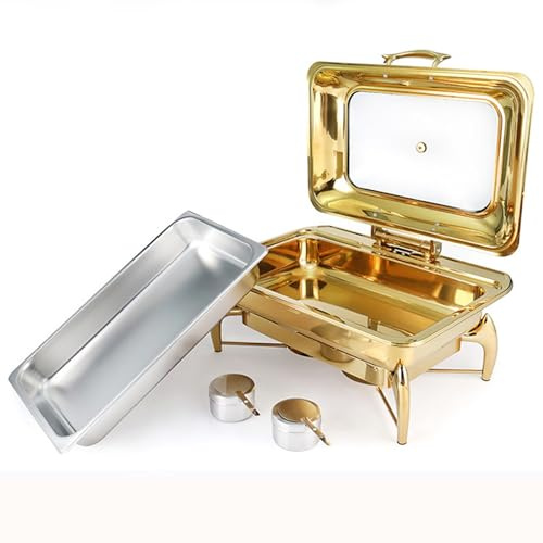 Stainless Steel Buffet Skillet Set - Rectangular Catering Food Warmer Set With Glass Viewing Lid Buffet Oven, Water Tray, Fuel Holder For Weddings, Parties, Banquets And Events (Gold 10.0L)