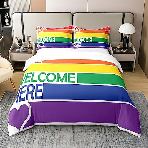 Loussiesd Regenbogen 100% Baumwolle Bettwäsche Set 155x220cm Liebe ist Liebe Bettbezug Set Bunte Streifen Betten Set für Kinder Multicolor Pride Sondertag Kultur Bettwäsche Raum Dekor Bettbezug