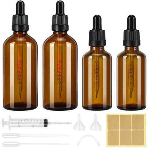 Farnirvana 4 Pièces Flacon Pipette, 50ml 100ml Flacon Compte Gouttes, Flacons en Verre Ambre avec Pipettes, Bouteilles en Verre Vide pour Huiles Essentielles Parfums Aromathérapie Laboratoire