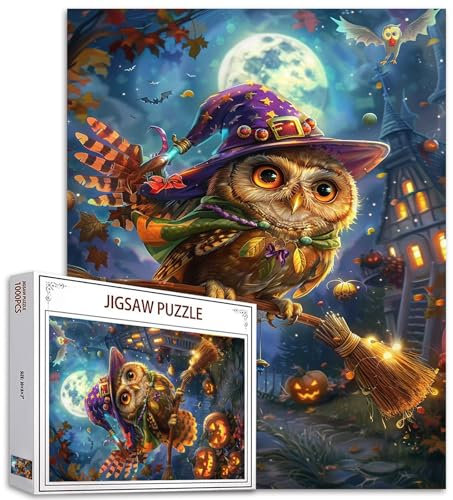 Tucocoo Horror-Halloween-Puzzles für Erwachsene, 1000 Teile, Herbst-Kürbis-Eule, Kunstmalerei, 70 x 50 cm, Bunte DIY-Puzzles für Heimdekoration, Geschenke, Familienpuzzle, perfekt für Spieleabende