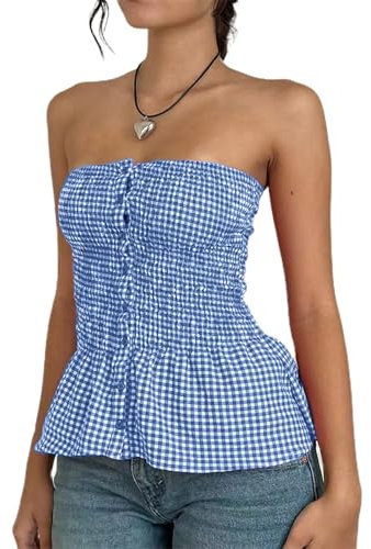 Women Gingham Tube Top Backless Vintage Plaid Vest Button Closure Smocked Summer Y2k Plaid Strapless Top Streetwear (Blue, XL)