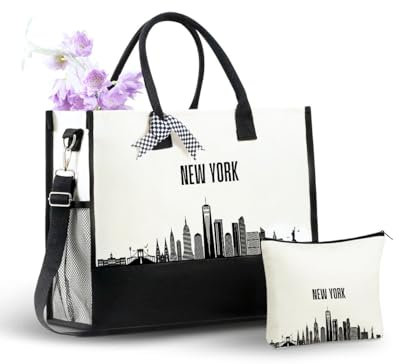 InnoBeta New York City Skyline Gifts Canvas-Tragetasche für NYC-Liebhaber, Damen, NYC-Themen-Geschenktasche mit Reißverschluss oben und Schultergurt, Skyline-Karte, Geschenke oder Geburtstag,
