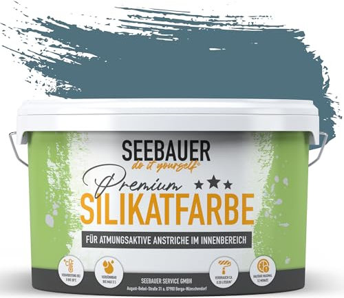 SEEBAUER diy Silikatfarbe Dunkelblau 5L für Innen (No. 800 Baltic Sea) Atmungsaktive Mineralfarbe für Allergiker - Abwaschbare Wandfarbe - Blautöne hohe Deckkraft