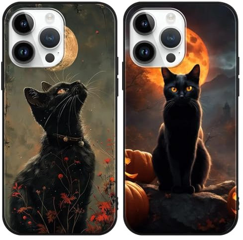 2 Pièces Coque pour Apple iPhone 13/iPhone 14 6.1 Pouce, Japonaises Chat lune Manga Dessin Animé Moderne AI Aesthetics Motif Étui Protection Housse de Silicone TPU Souple Antichoc Case, Noir