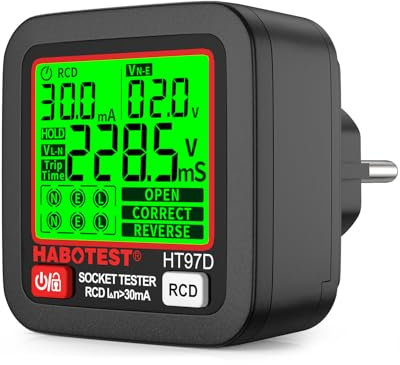 YOJOCK Comprobador de Enchufe, Probador Eléctrico de RCD Enchufe con Pantalla LCD, 6 Tipos de Diagnóstico de Averías, Examinar Circuito, Indicación de Tensión y Frecuencia, 30-260V (EU Plug)