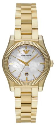 Emporio Armani Watch for Women, Three Hand Quartz Movement and 32mm Case Size with Stainless Steel, Leather or Silicone Strap Gold und Weiß, 32MM