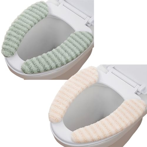 Wuyue Hua 2Pairs Plush Warm Thick Padded Toilet Seat Cover Mat Non Slip Soft Toilet Seat Cushion Washable Bathroom Warmer (GREEN+Beige)