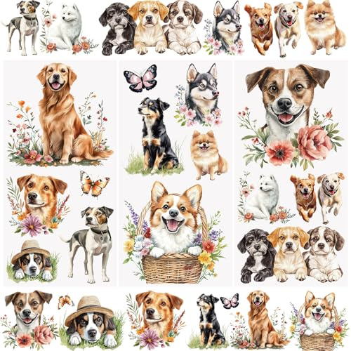 WANDIC 3 Bogen Rub on Transfer Stickers, Hunde Blumen Möbel Aufkleber Wand mit Tier Muster, Wasserdicht, Handarbeiten, Journal, DIY Kunsthandwerk, Dekor für Fotoalbum und Scrapbook, 15 x 30 cm