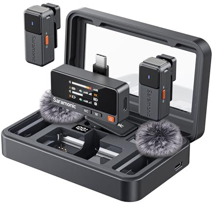 Saramonic Air Wireless Lavalier Microfono con USB-C - 48 kHz/24 bit, 90dB SNR, microfono per iPhone 15/16 Serie, con custodia di ricarica e controllo app, portata 300 m, mini microfono a spina per