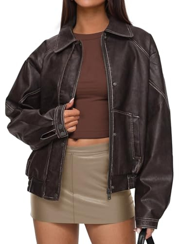 PRETTYGARDEN Faux Leather Jacket Women Bomber Motorcycle Zip Up Jackets Oversized Fall Fashion Outfits 2026 Winter Coats (Dark Brown,Small)