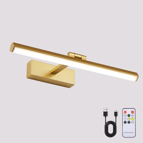 Pingxihule Gold Battery Operated Picture Lights for Wall Rechargeable Wireless Wall Light with Timer and Remote Dimmable Gold Art Light for Display Paintings Gallery Artwork Portrait 15.7inch