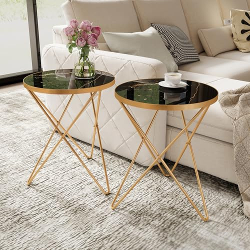 HOLTICO Beistelltisch rund, Sofatisch für Wohnzimmer, Schwarz Gold 2er Set | Modern Couchtisch rund, Wohnzimmertisch, Kleiner Tisch mit Marmormuster