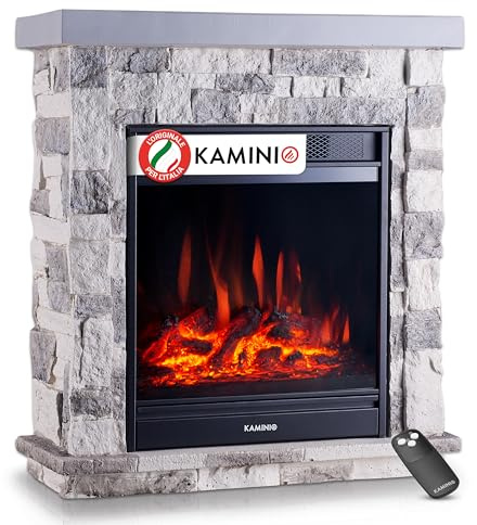 KAMINIO Elektrokamin Juan - Elektrischer Standkamin in Steinoptik mit Heizung, 3D-Flammeneffekt, Fernbedienung (Grau)
