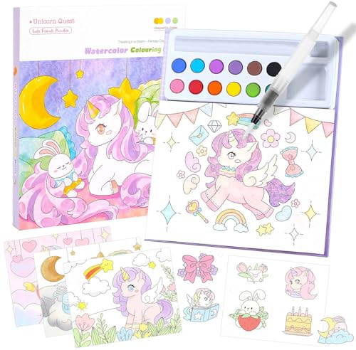 Staranry Malbuch mit Wasserfarben für Kinder, Einhorn Malset, 12 Farben, Bastelset Geschenk für Jungen und Mädchen ab 3–8 Jahren