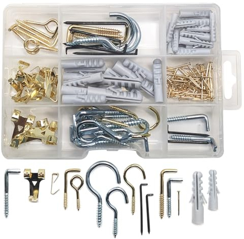 com-four® 198-teiliges Schraubhaken Set mit Dübeln, Nägeln | Schraubösen und Winkelhaken - Bildaufhänger Set für Haushalt - Werkstatt und Heimwerken in praktischer Sortierbox