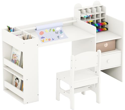GOPLUS Kinderschreibtisch mit Stuhl, Schreibtisch mit abnehmbarem Papierrollenhalter, Schublade, Ablagen & Cubby-Schrank, Kindersitzgruppe zum Lesen, Basteln & Zeichnen, Aktivitätstisch für Kinder