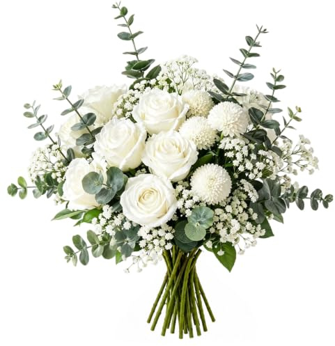 CECOMBINE 24Pcs Rose Artificial Flowers, Silk Flowers with Pom-pom Chrysanthemums and Eucalyptus Leaves, Realistic Fake Flowers for Wedding, Party, Office, Kitchen Home Decorations
