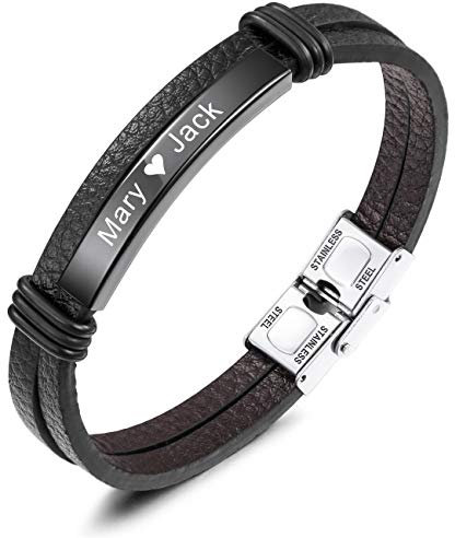MeMeDIY Nom Bracelet Bracelets Personnalisés pour Femmes Bracelets Personnalisés pour Garçons Hommes Filles en Acier Inoxydable en Cuir VéRitable Gravure Manchette Tressée (Noir Étiquette)