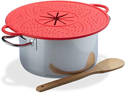 Relaxdays Tapa Antisalpicaduras, Vaporera Silicona, Salvamanteles para Ollas, Resistente al Calor, 30 cm, Rojo