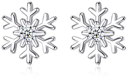 Zolkamery Silber Weihnachten Damen Schmuck Set, 925 Sterling Silber Schneeflocke Halskette Ohrringe Set, 45+5cm Silberkette Anhänger & Schneeflocke Ohrstecker mit 5A Zirkonia, Geschenk zum Weihnachten