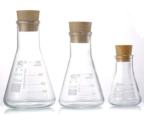Young4us Glass Erlenmeyer Flask Set, (250 ml, 150 ml & 50 ml) Graduated Borosilicate Glass Erlenmeyer Flasks with Rubber Stoppers & Accurate Scales for Lab, Experiment, Chemistry, Science Studies etc