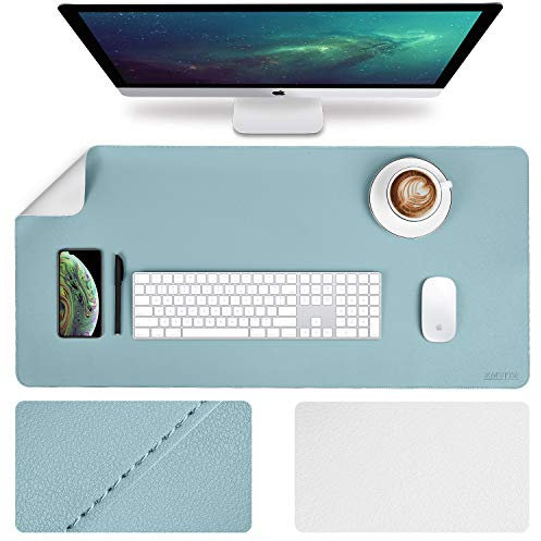 EMINTA Große Schreibtischunterlage, Upgrade genähte Kanten 90 x 43 cm PU-Leder Schreibtischunterlage Gaming-Mauspad, wasserdichte mit doppelseitigem Laptop-Pad (hellblau/silber)