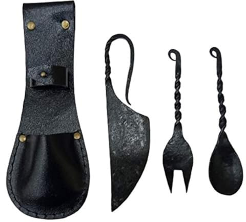 Set di 3 posate medievali, coltello, forchetta, cucchiaio con custodia in pelle, decorazione rustica, vintage, decorazione per la casa