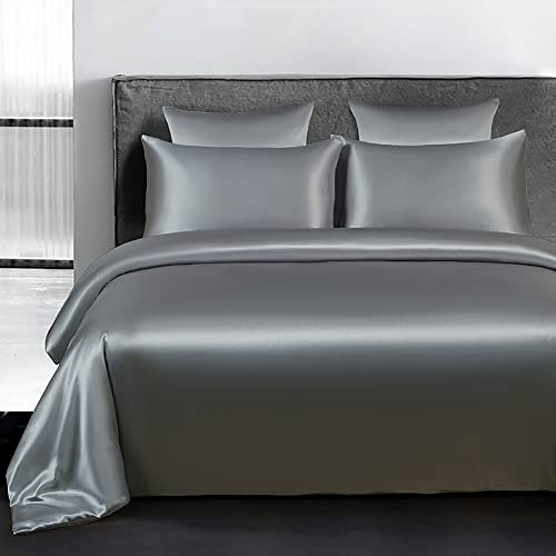 Omela Bettwäsche Satin 200x220 Grau Einfarbig Glatt Glänzend Bettbezug mit Reißverschluss 3 Teilig 100% Glanzsatin Polyester Sommerbettwäsche Set Kissenbezüge 80x80 cm