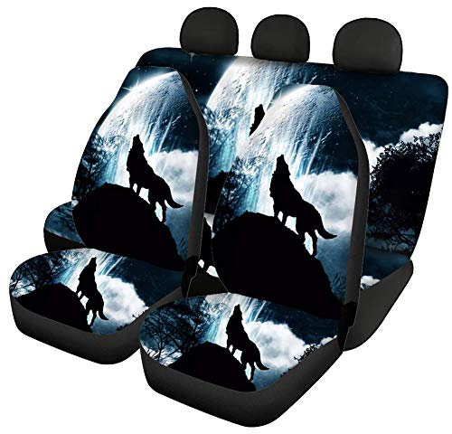 Showudesigns Wolf Auto-Sitzbezüge für Herren Universal Vorder- und Rücksitzbezüge Komplett-Set – Cool Vordersitzbezug für Auto mit Rücksitzbankbezug Satteldecke Schutz Hund Rücksitz