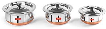 Sumeet Lot de 3 casseroles en acier inoxydable avec couvercle et fond en cuivre Argenté 360 ml, 500 ml, 800 ml