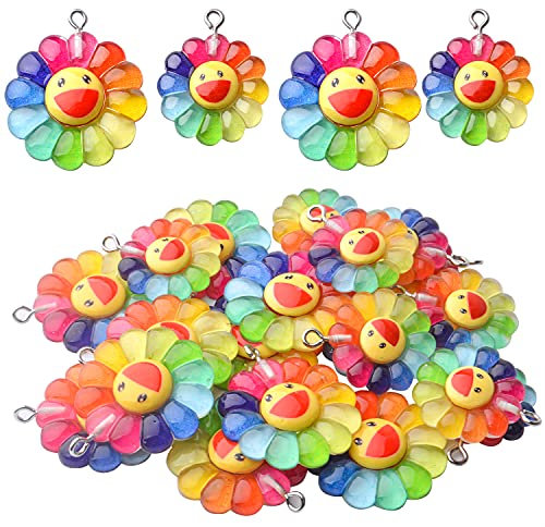 Aylifu Sonnenblumen-Anhänger, Kunstharz, Regenbogen-Blumen-Anhänger und Smiley-Gesicht, Cabochons für DIY-Schmuck, 2 Größen, 20 Stück