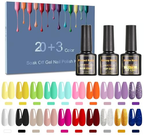 SHOWNAIL 23 Pcs Vernis à Ongles Gel 20 Couleurs 3 Base et Top Coat, Ensemble de Vernis à Ongles Semi-Permanent UV Led Rose Méon Blanc Noir, 8ML