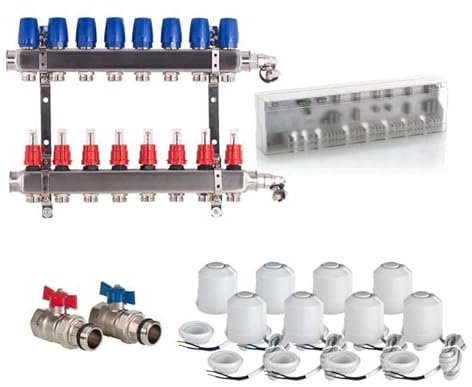 Heizkreisverteiler BASIC für Fußbodenheizung 8 Heizkreise Komplettset Verteiler, Kugelhahn, Stellantrieb, Anschlussleiste