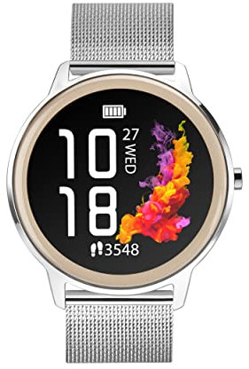 Sekonda Flex - Smart Watch da donna, 42 mm, con cardiofrequenzimetro e monitoraggio del sonno, attività quotidiana, sport, musica, meteo e messaggi, con cinturino in rete, Argento/oro rosa,