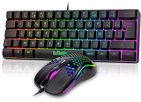 RedThunder 60 % Set mit Tastatur und Maus, 2-in-1, französische AZERTY, Mini-Tastatur, ultra-kompakt, mit Hintergrundbeleuchtung RGB 62 Tasten, 6 Tasten, 7200 DPI für PC Mac PS5 Xbox Gamer