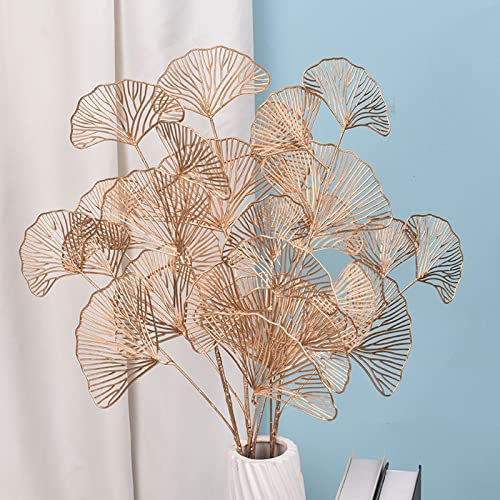 FGYZYP 4 rami artificiali di foglie di ginkgo, bouquet di fiori secchi in plastica, 3 forchette in rete dorata, per casa, feste, matrimoni, decorazioni per interni ed esterni