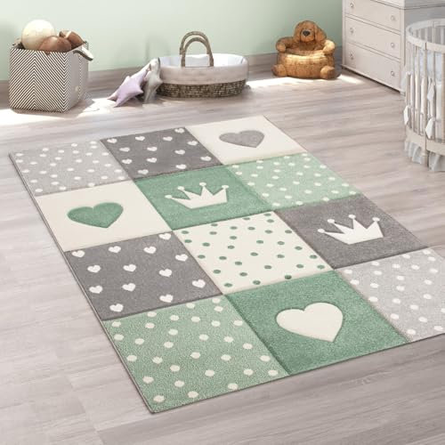 Paco Home Teppich Kinderzimmer Junge Mädchen Kinderteppich Spielteppich Kurzflor 3D Optik Pastell Punkte Herzen Krone, Grösse:120 cm Rund