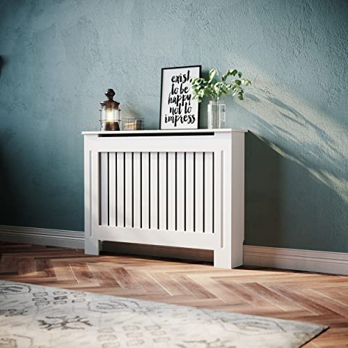 SONNI Heizkörperverkleidung, Holz, Weiß, Vertikal Lamelle, Heizungsverkleidung, Heizkörperabdeckung, Klein, 112x19x81.5 cm, GRCV11W-2.