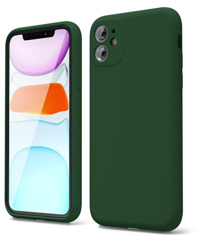 oakxco for iPhone 11 Phone Case Liquid Silicone, Thin Slim Soft Rubber TPU Plain Smooth Gel Cover for Women Girl Aesthetic Design, Matte Solid Protective & Shockproof Bumper Grip, Dark Forest Green
