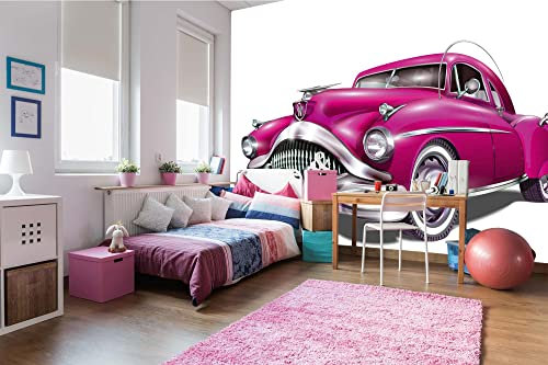 Vlies Fototapete RETRO ROSA AUTO 375 x 250 cm (inkl. Kleister) - Vlies Tapete, Wandtapete, Wandbilder - Tapete für Wohnzimmer Schlafzimmer, Büro, Küche - Montagefertig