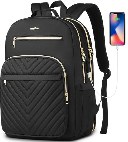 YAMTION Rucksack Damen,Schulrucksack Mädchen Teenager Schultasche Frauen 17.3 Zoll Laptop Rucksack mit USB und Laptopfach für Arbeit Büro Studium Schule Stadt Uni,Schwarz